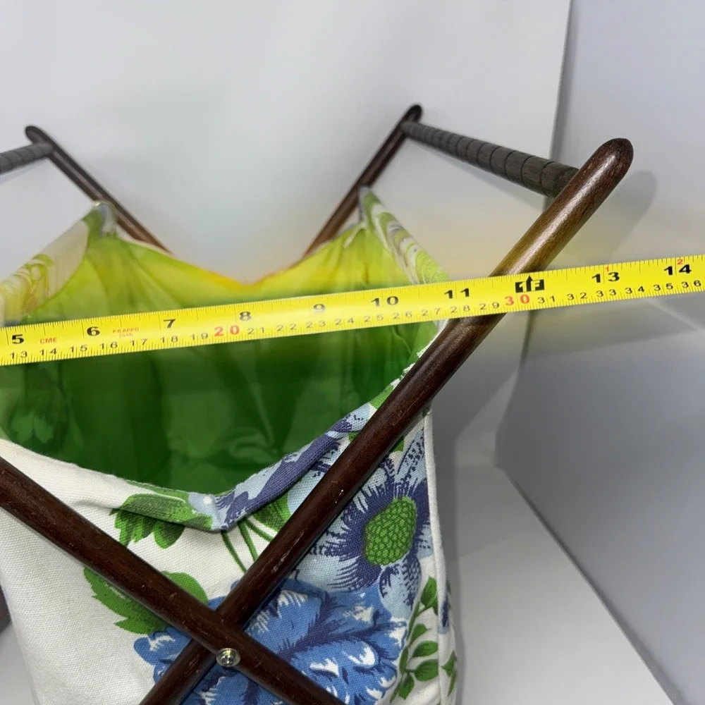 Vintage Folding Wood Frame Sewing Basket Craft Caddy Floral Fabric MCM 16